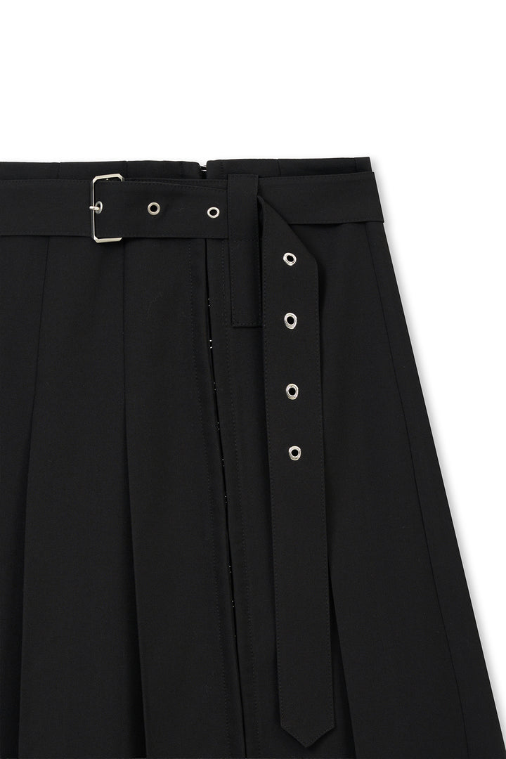 Matin Kim Belted Slit Pleat Skirt — Black
