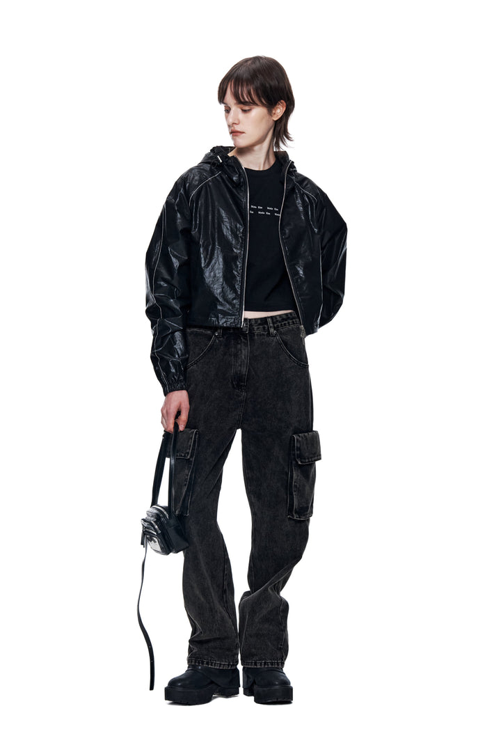 Matin Kim Crop Hoody Coating Jumper — Black