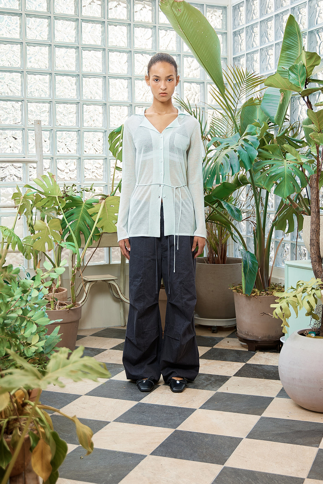 Matin Kim String Point Plain Long Cardigan — Mint