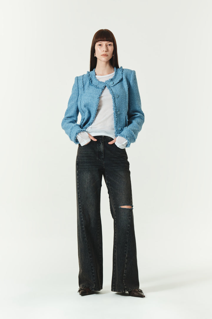 KIMMATIN Unbalance Tweed Crop Jacket
