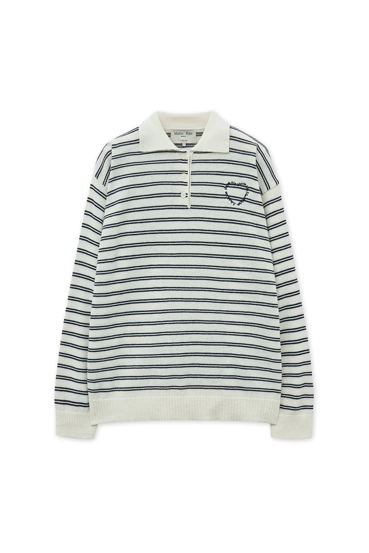 Matin Kim Heart Logo Collar Striped Pullover — Ivory