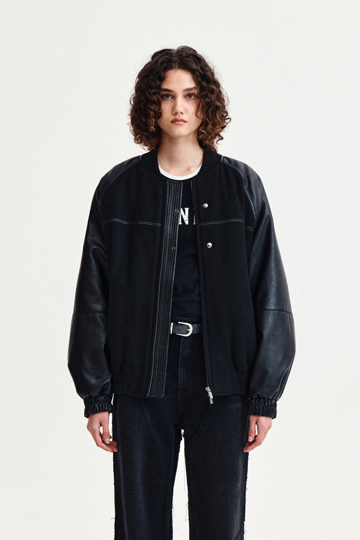 Matin Kim Faux Leather Point Jumper — Black