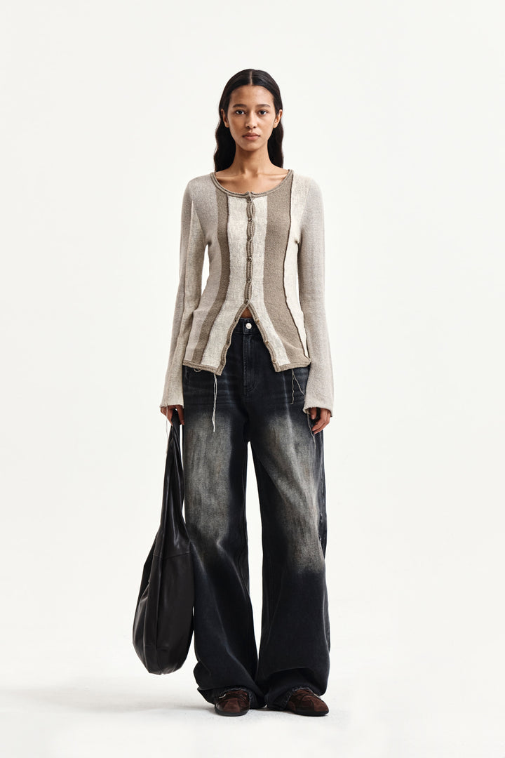 Matin Kim Color Block Slim Knit Cardigan — Beige