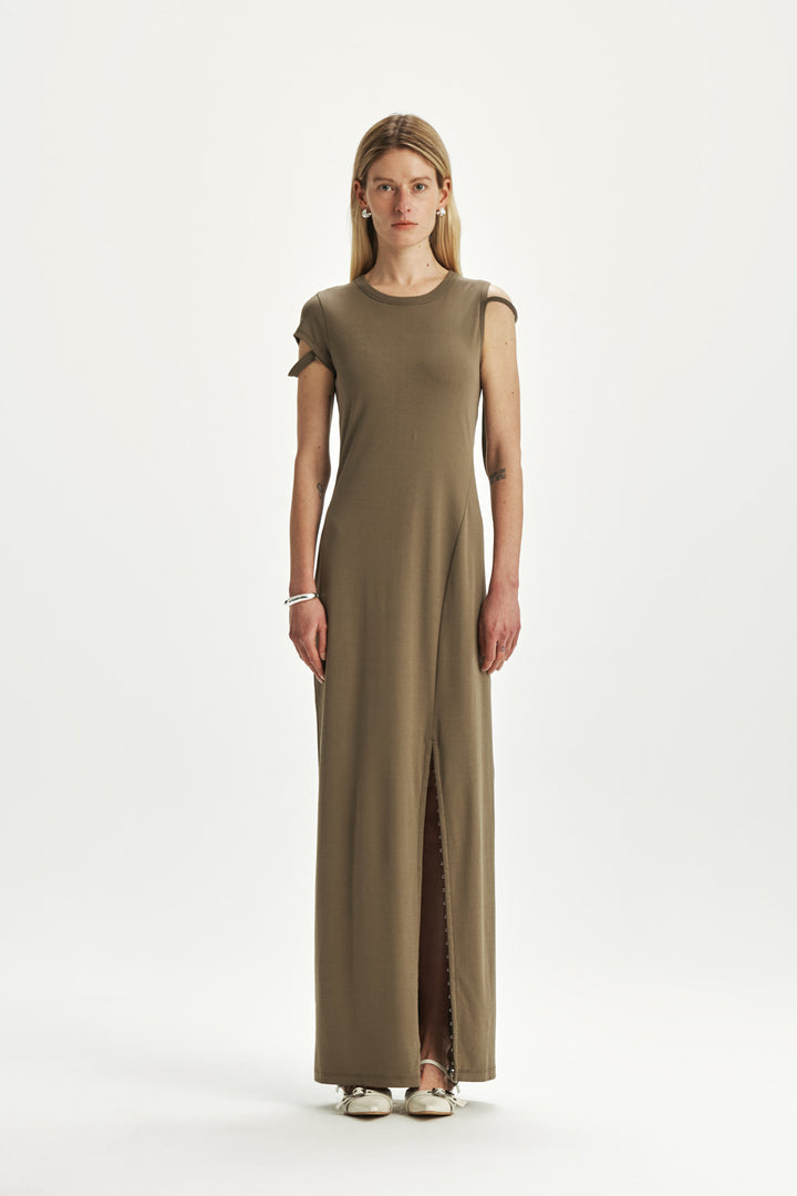 KIMMATIN Strap Point Maxi Dress — Khaki