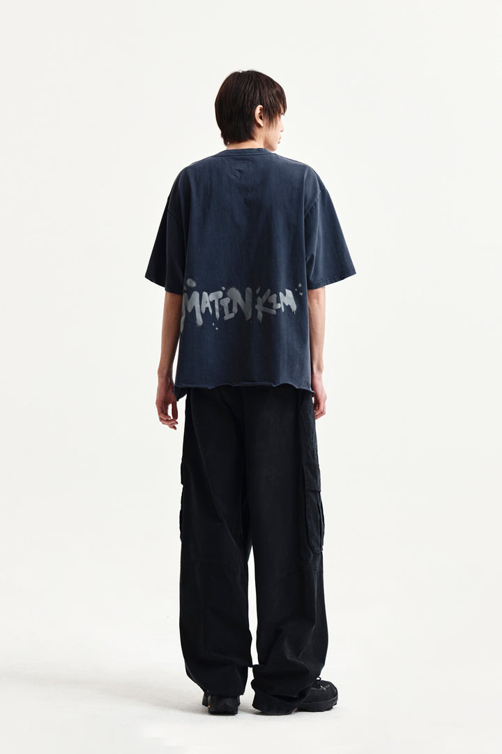 Matin Kim Raw Cut Graffiti Logo Top — Navy blue