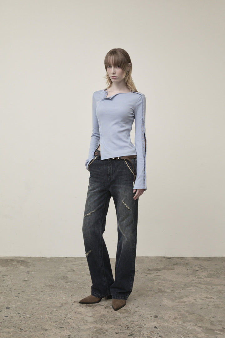 Matin Kim Semi Boots Cut Washed Denim — Navy blue