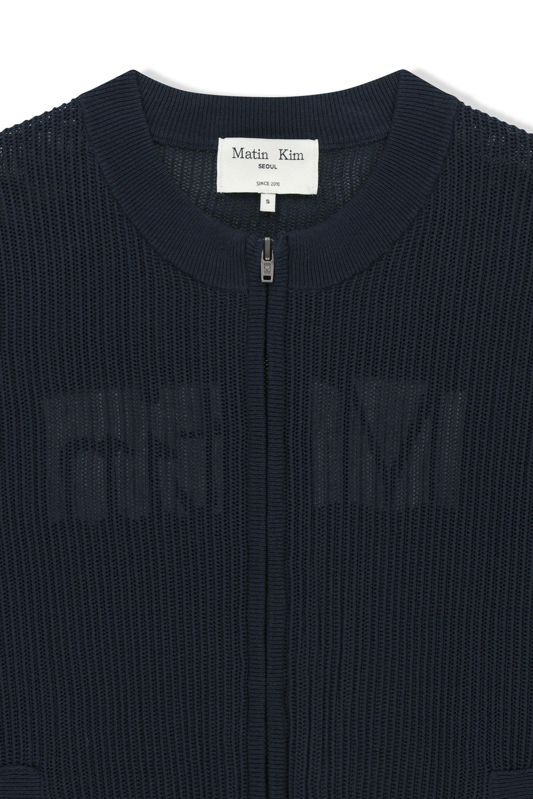 Matin Kim Back Logo Jacquard Mesh Knit Zip — Navy blue