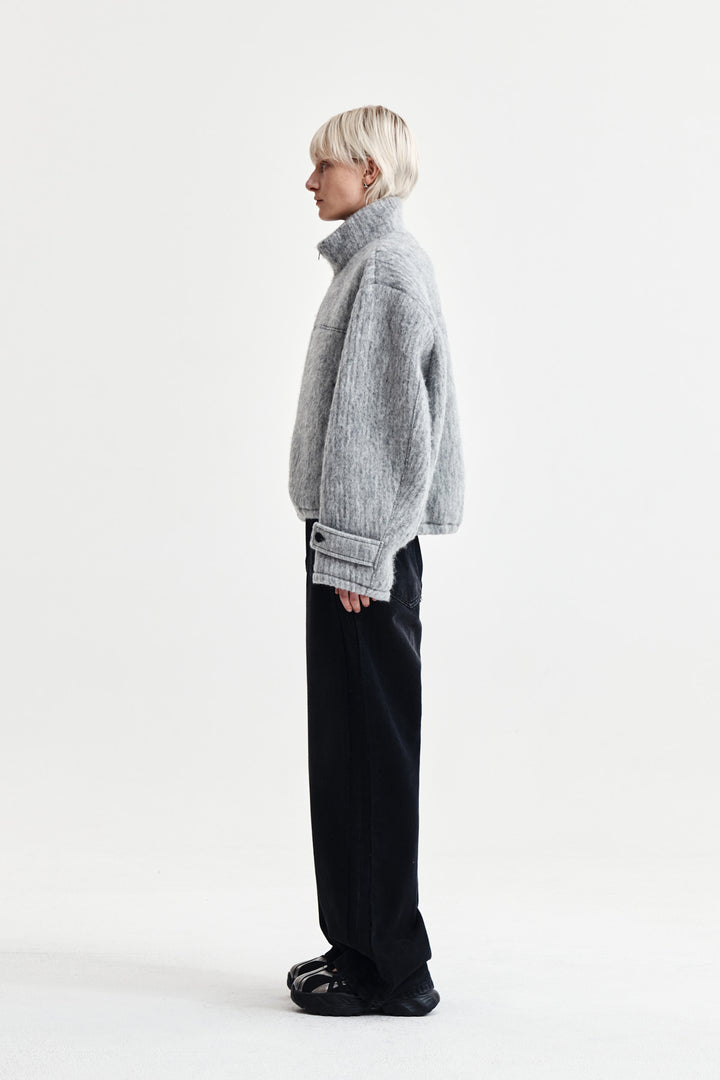Matin Kim Hairy High Neck Zip Up Jumper — Light Grey