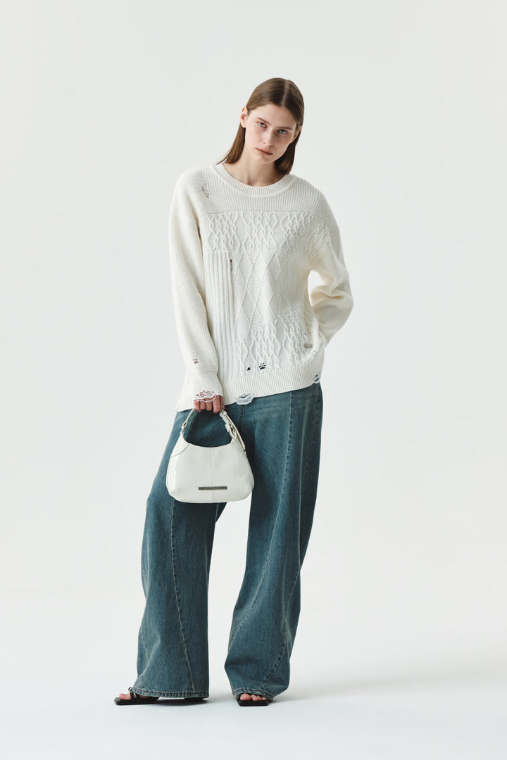 KIMMATIN Cable Mix Damage Knit Pullover — Ivory