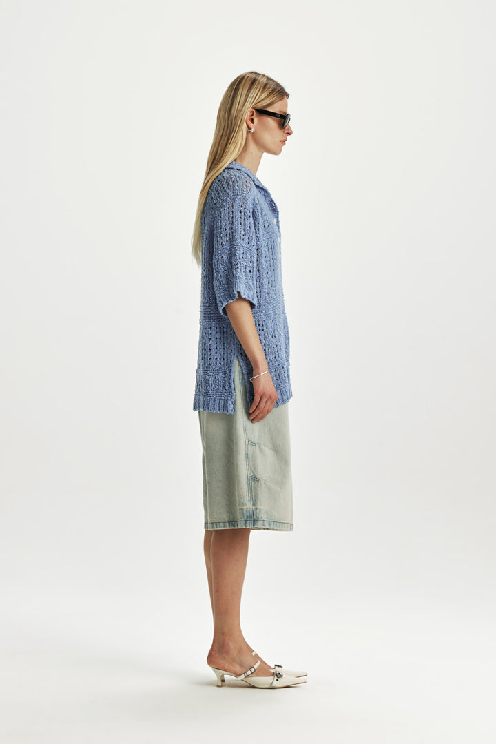 KIMMATIN Punching Knit Collar Top — Light Blue