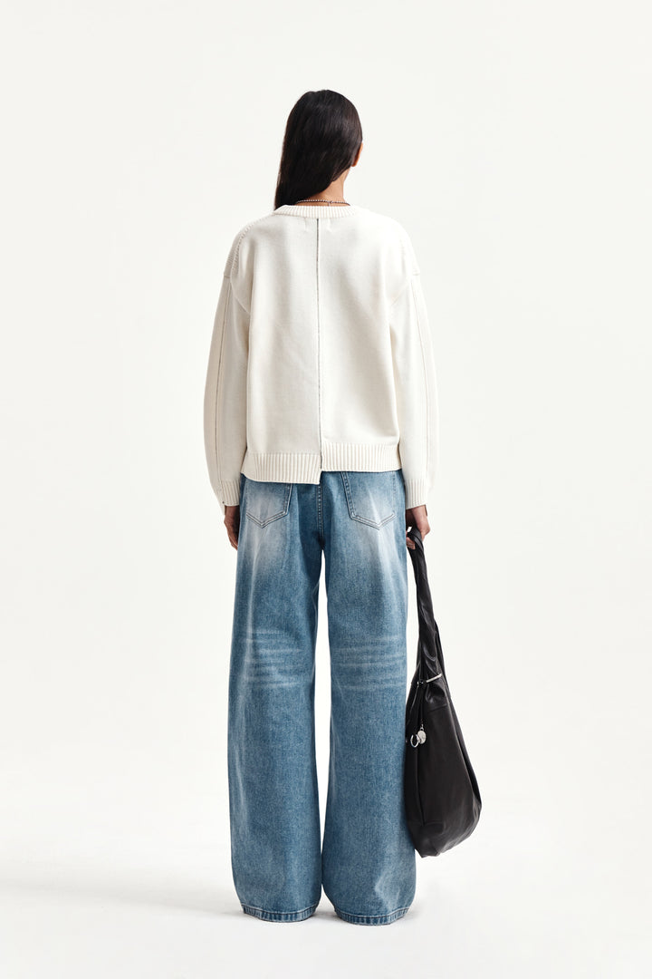 Matin Kim Asymmetric Logo Knit Pullover — Ivory