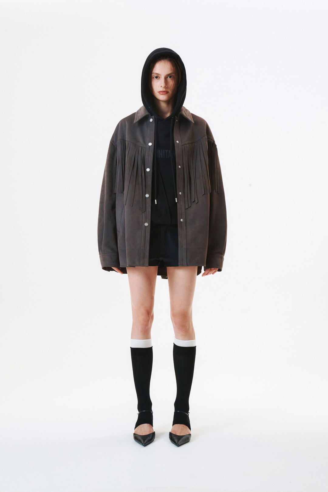 KIMMATIN Suede Fringe Jacket in Dark — Gray