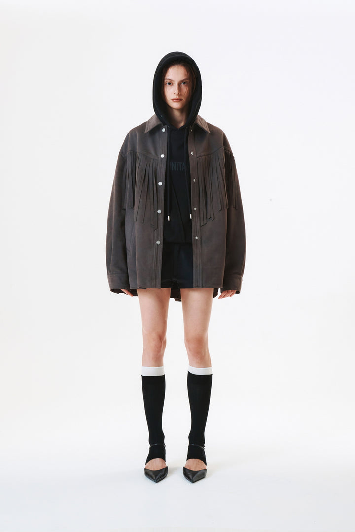 KIMMATIN Suede Fringe Jacket in Dark — Gray