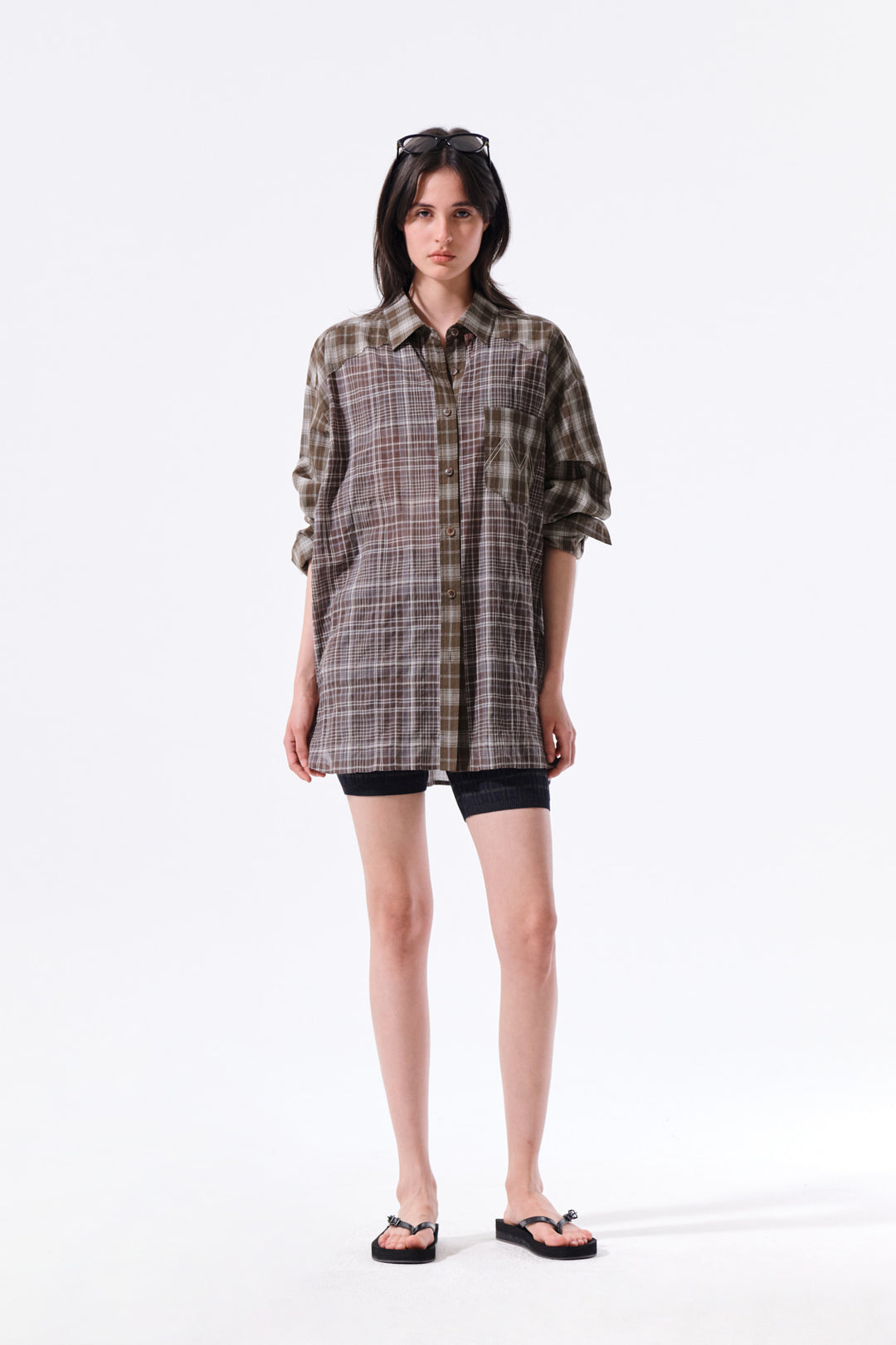 Matin Kim Mixed Check Overfit Shirt — Brown