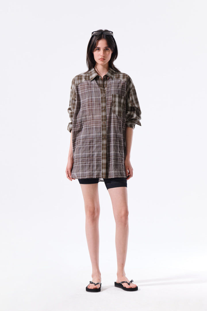 Matin Kim Mixed Check Overfit Shirt — Brown