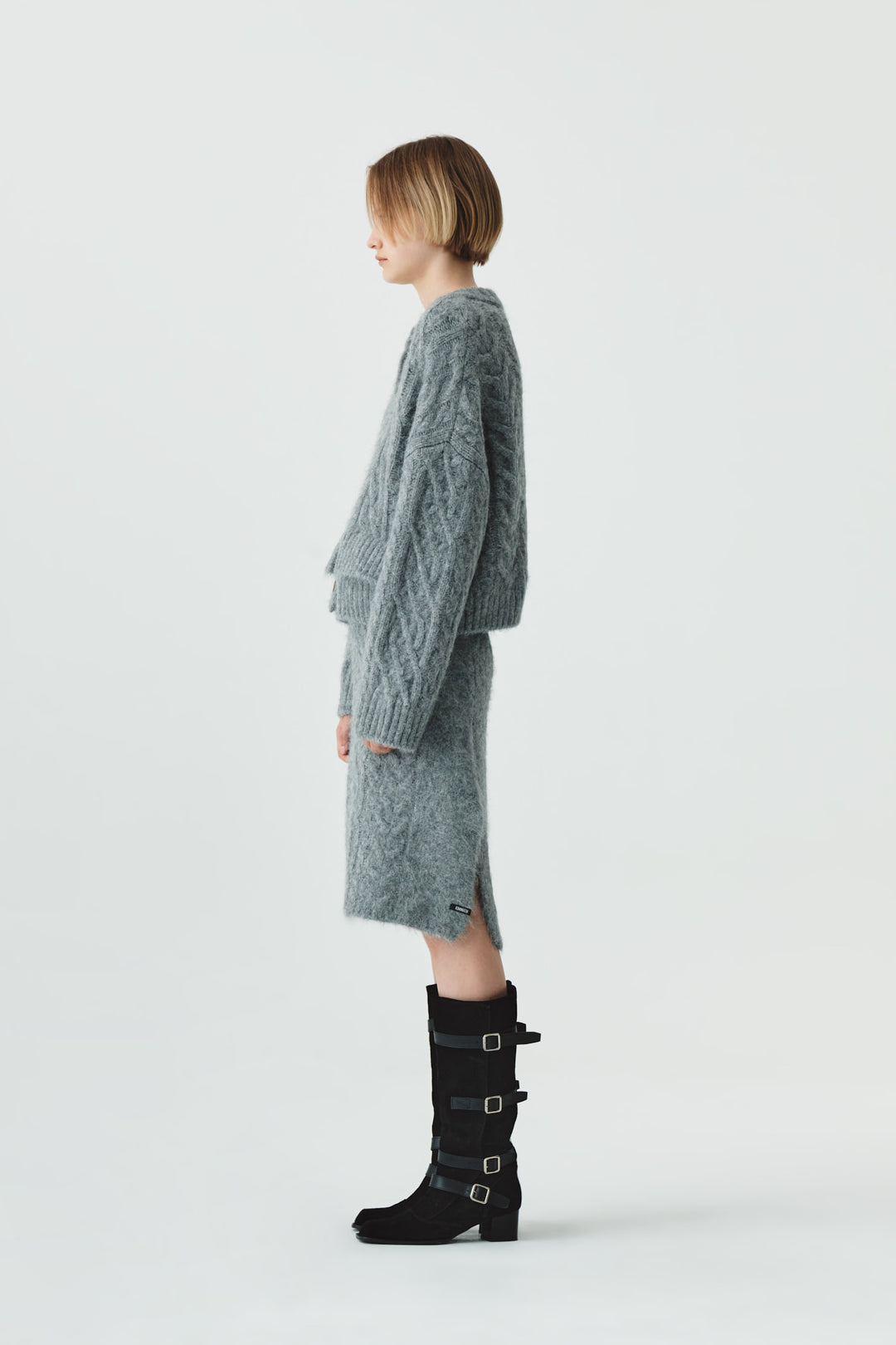KIMMATIN Wide Cable Midi Knit Skirt — Gray