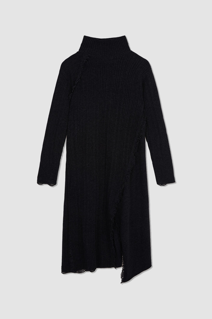 KIMMATIN Unbalance Fringe Knit Dress — Charcoal