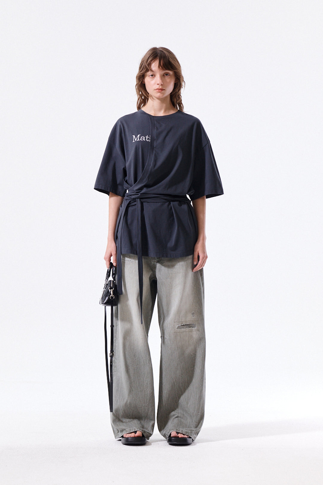 Matin Kim Tie Detail Draped Logo Top — Charcoal