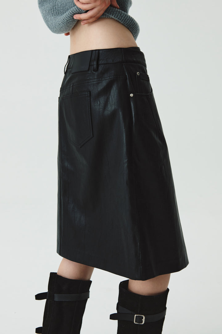 KIMMATIN Faux Leather Midi Wrap Skirt — Black
