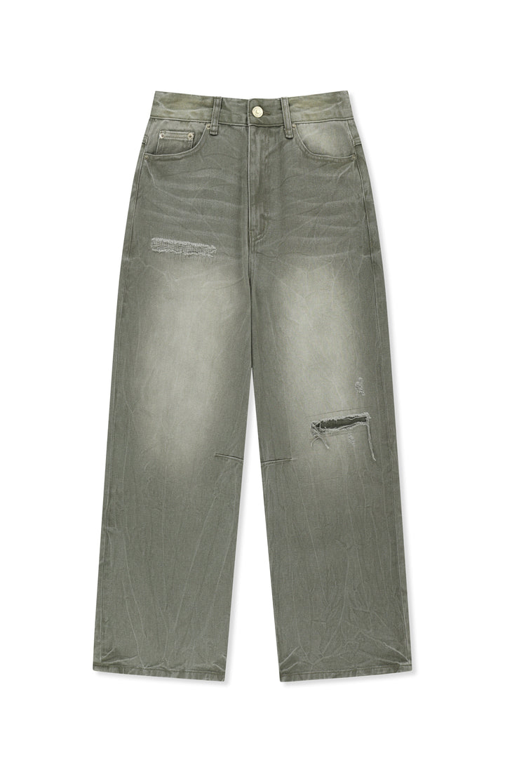 Matin Kim Back Logo Washed Denim Pants — Khaki