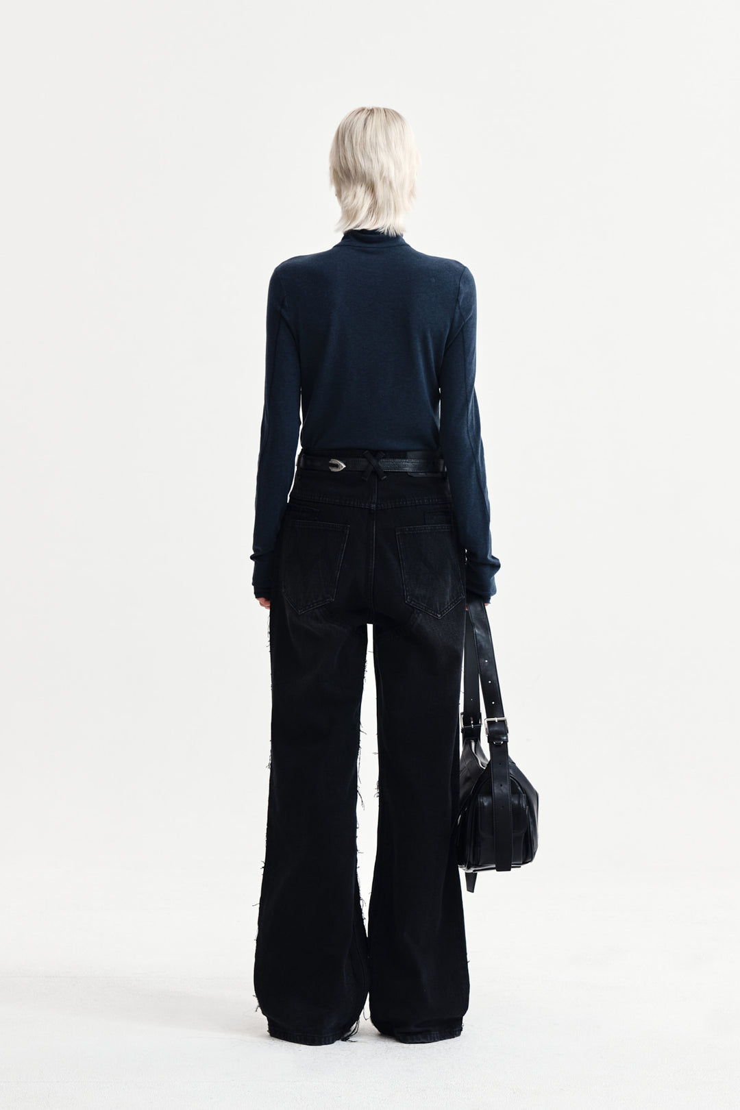Matin Kim Button Slit Half Neck Top — Navy blue