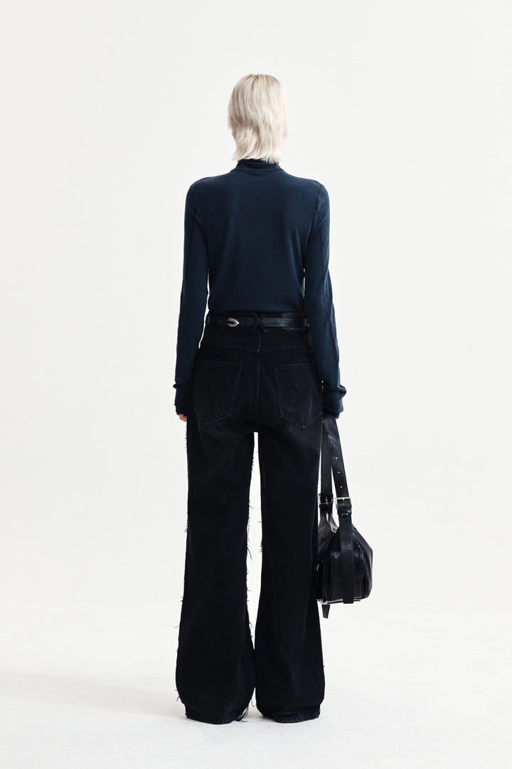 Matin Kim Button Slit Half Neck Top — Navy blue