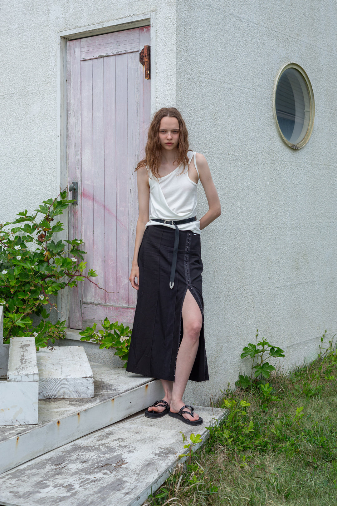 Matin Kim Unbalance Tuck Sleeveless Top — White