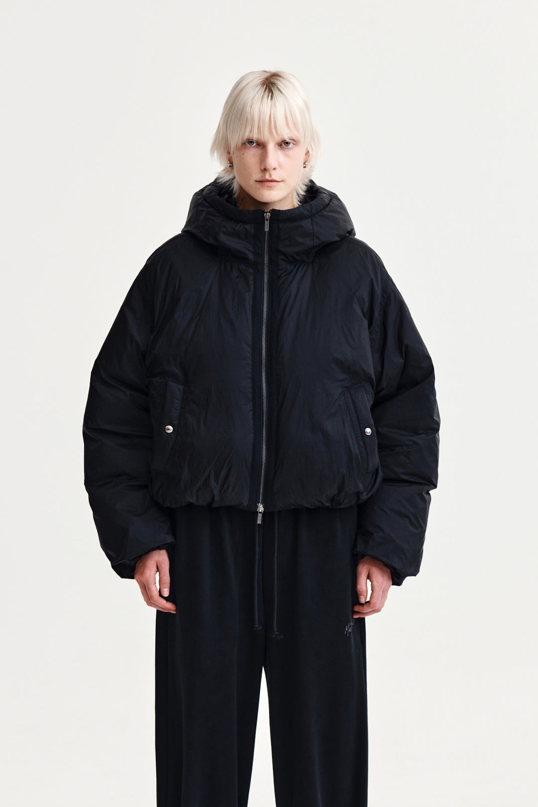 Matin Kim Back Logo Hoody Short Down Jumper — Black