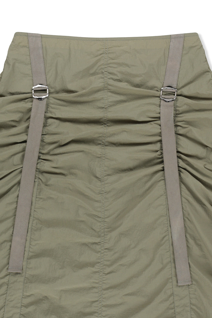 Matin Kim Nylon Shirring Midi Skirt — Khaki