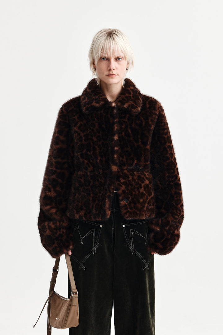 Matin Kim Leopard Fur Crop Jacket — Brown