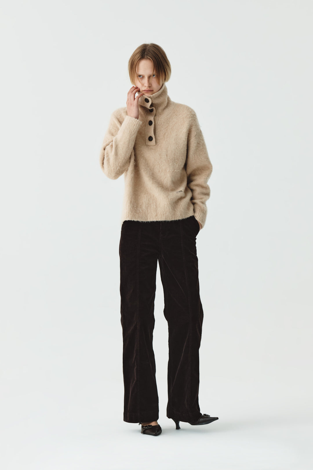 KIMMATIN Button High Neck Alpaca Blend Sweater — Beige