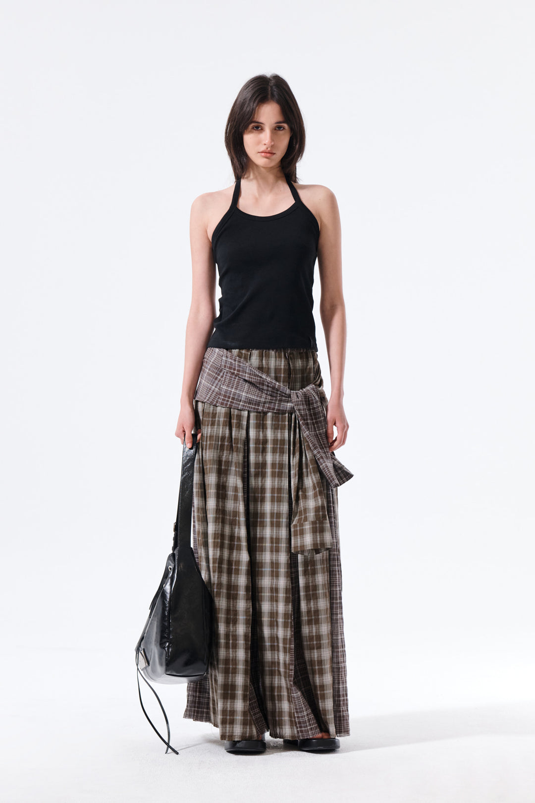 Matin Kim Mixed Check Sleeve Tie Flare Skirt — Brown