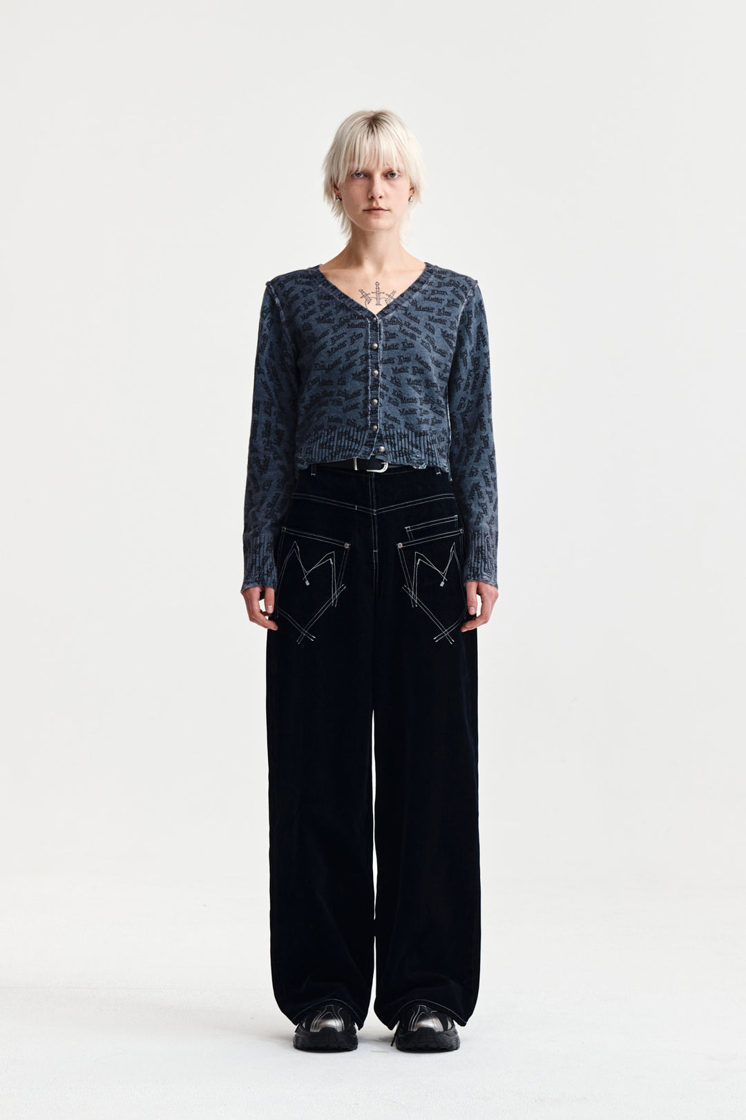 Matin Kim Reverse Velvet Wide Denim — Navy blue