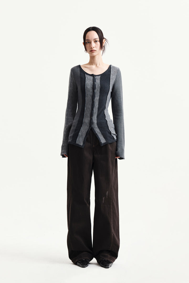Matin Kim Color Block Slim Knit Cardigan — Charcoal