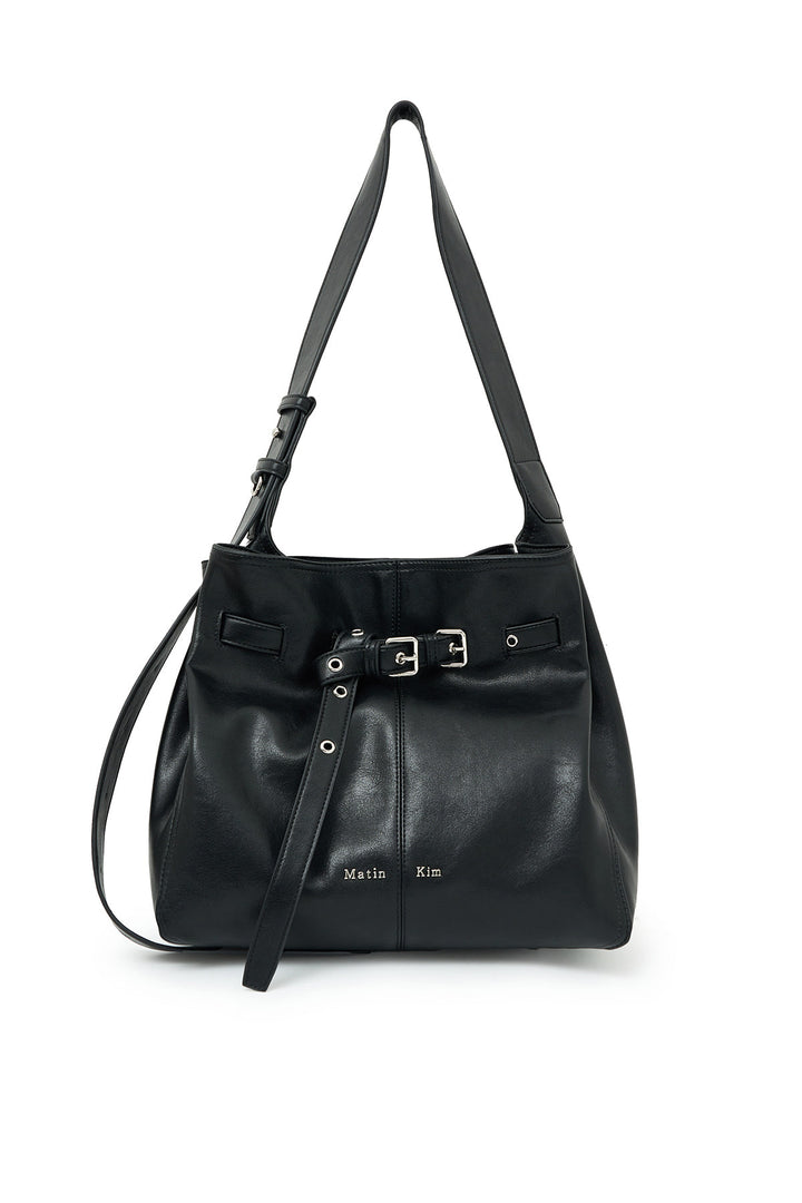Matin Kim Belted Volunn Mid Bucket Bag — Black