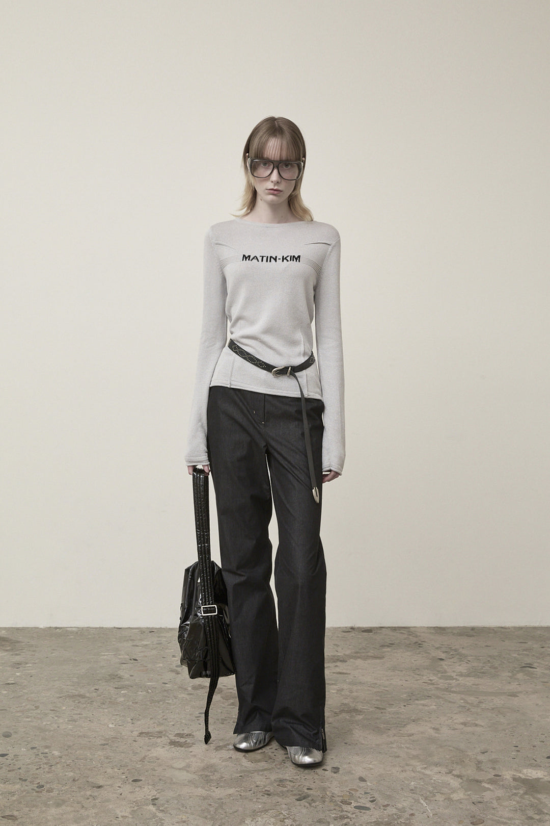 Matin Kim Glitter Slim Logo Knit Top — Light Grey