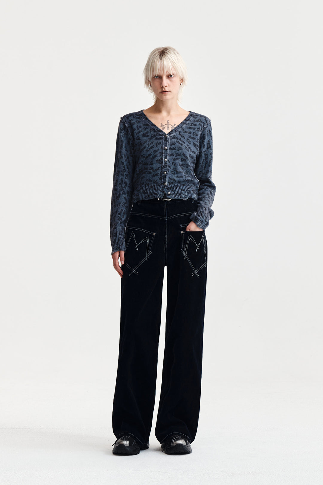 Matin Kim All Over Logo Crop Cardigan — Navy blue