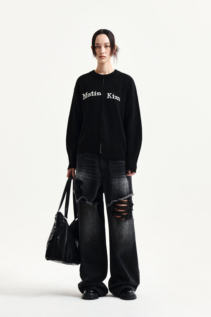 Matin Kim Asymmetric Logo Knit Pullover — Black