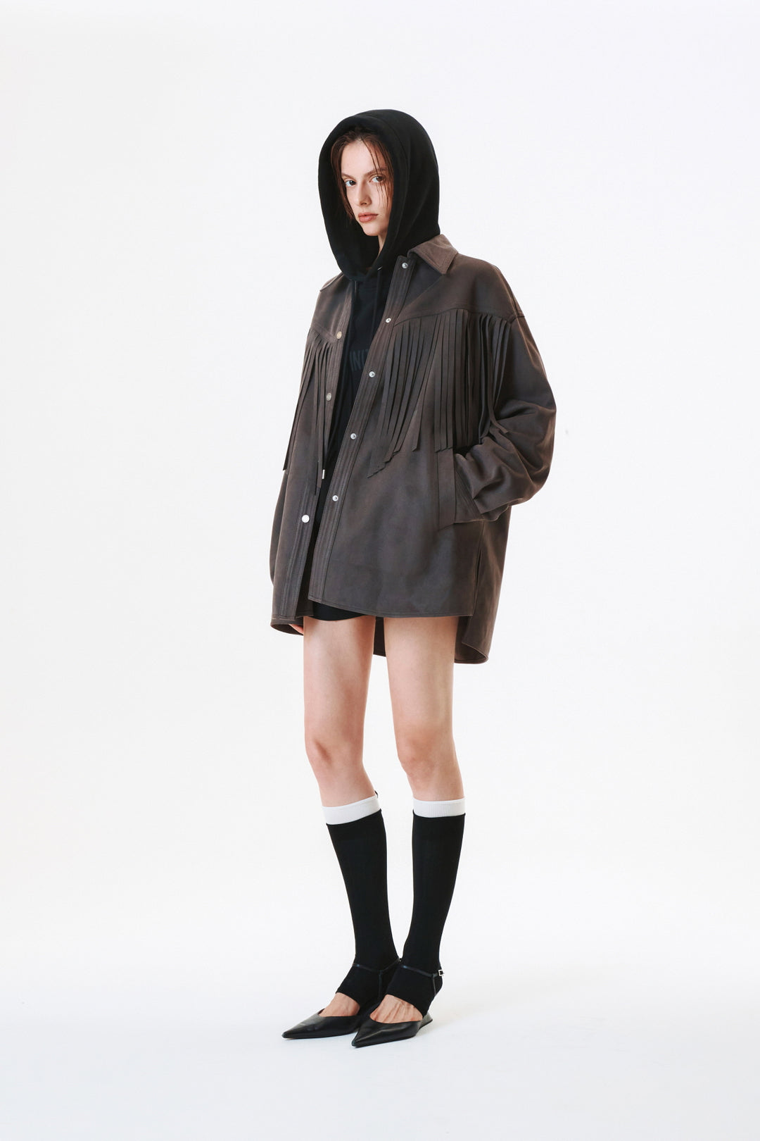 KIMMATIN Suede Fringe Jacket in Dark — Gray