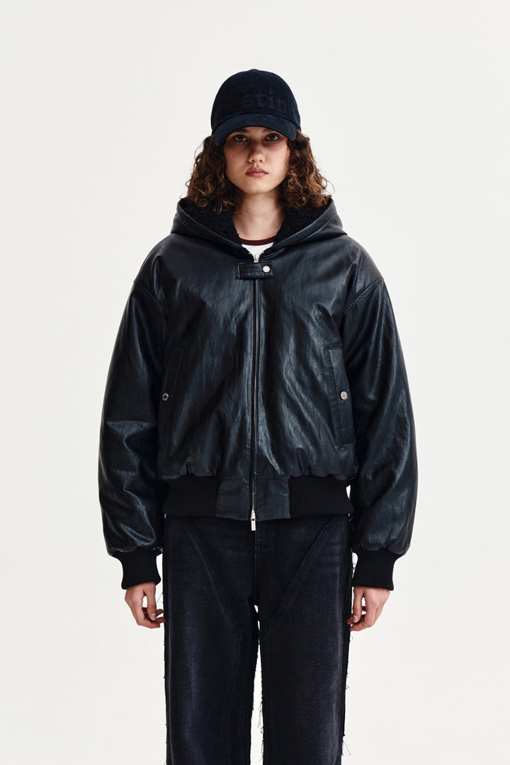 Matin Kim Faux Leather Zip-Up Hoody — Black