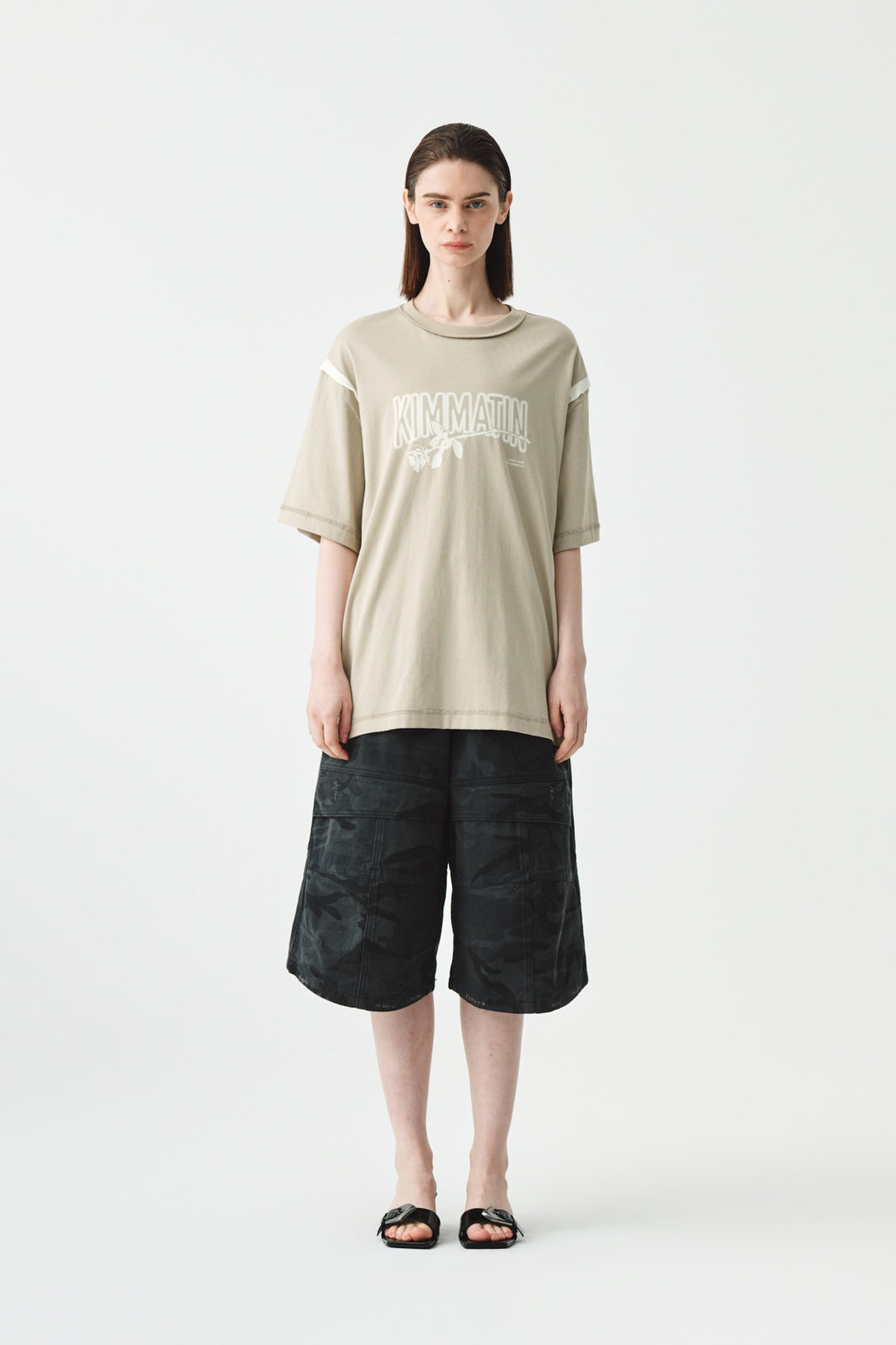 KIMMATIN Rose Print Oversize Tee — Beige