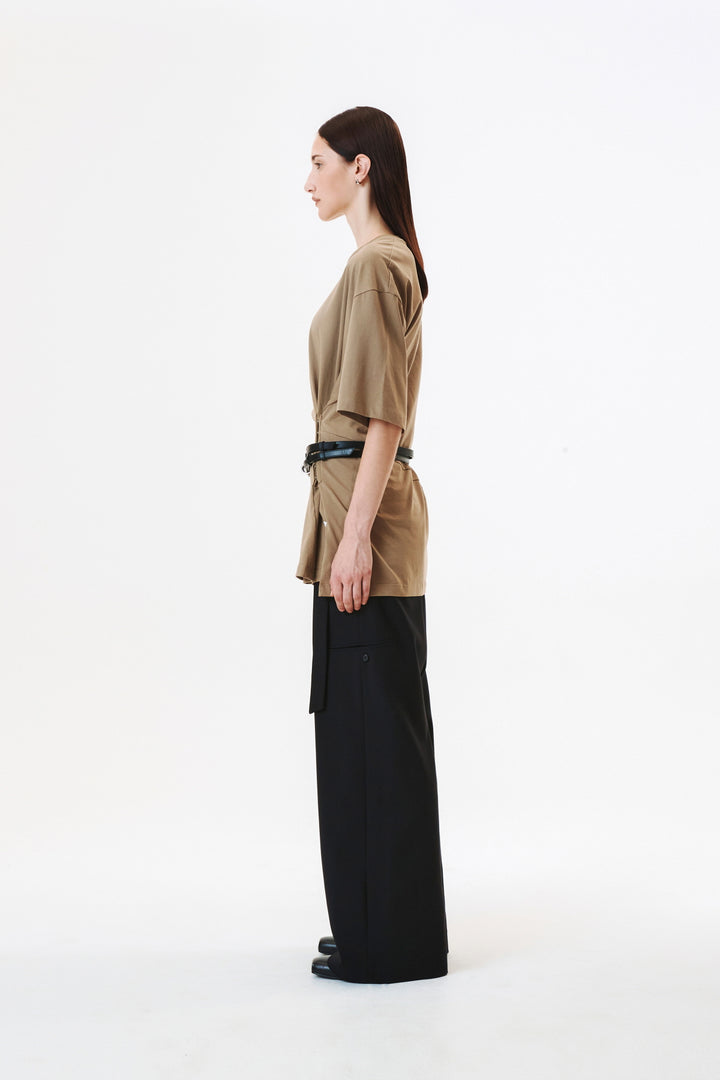 KIMMATIN Diagonal Zipper Belted Pants — Black