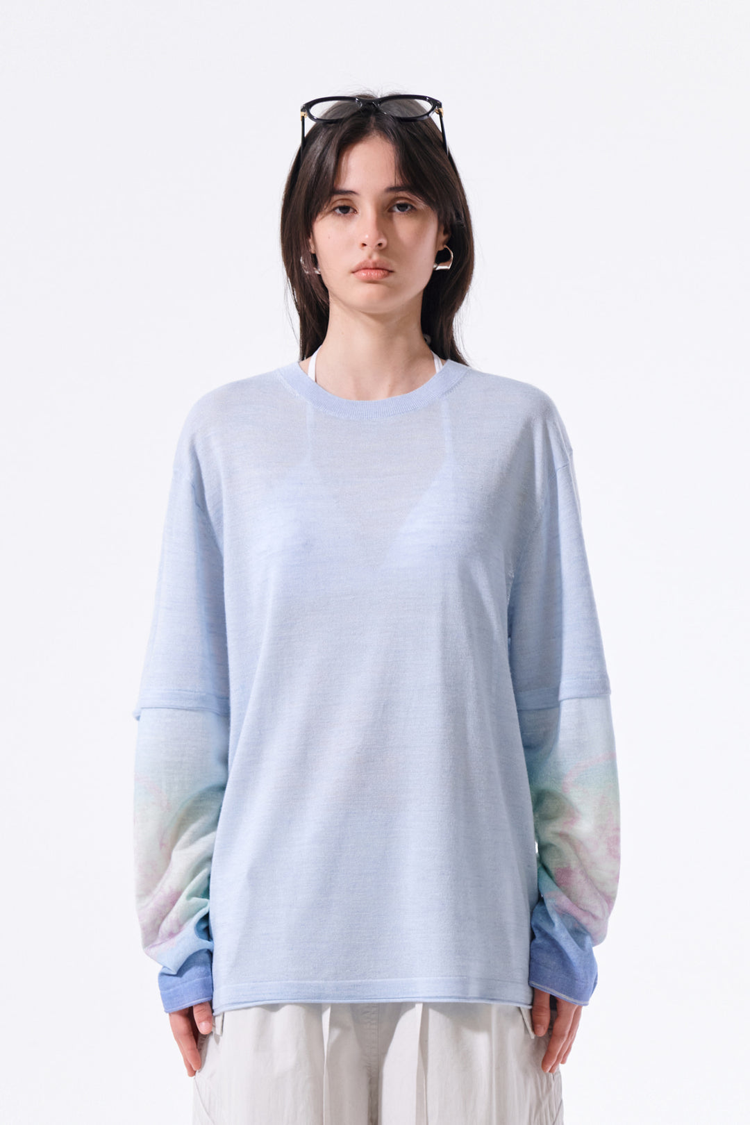 Matin Kim Sleeve Print Knit Pullover — Light Blue