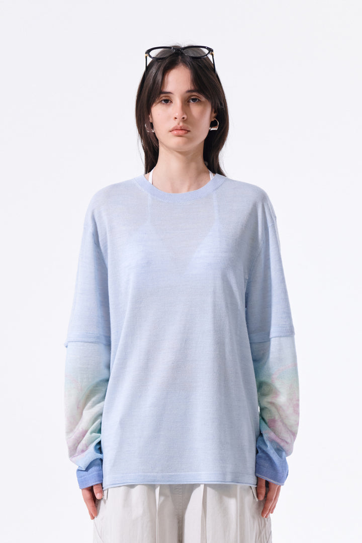 Matin Kim Sleeve Print Knit Pullover — Light Blue