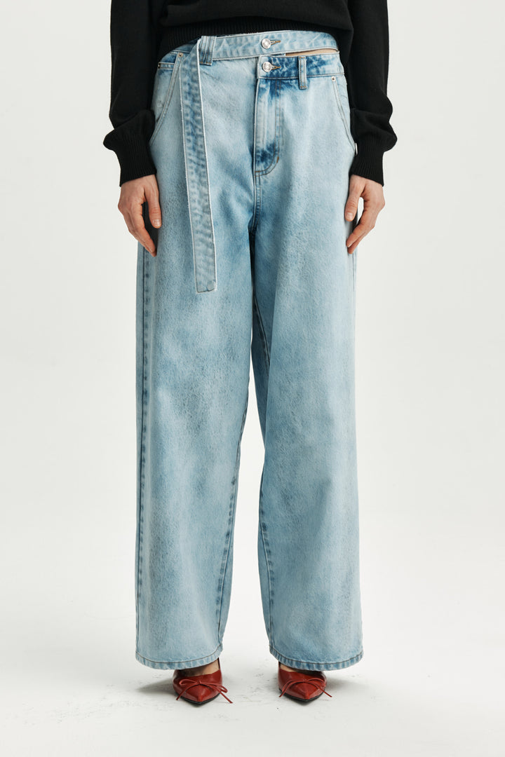 KIMMATIN Unbalance Belted Denim Pants — Light Blue