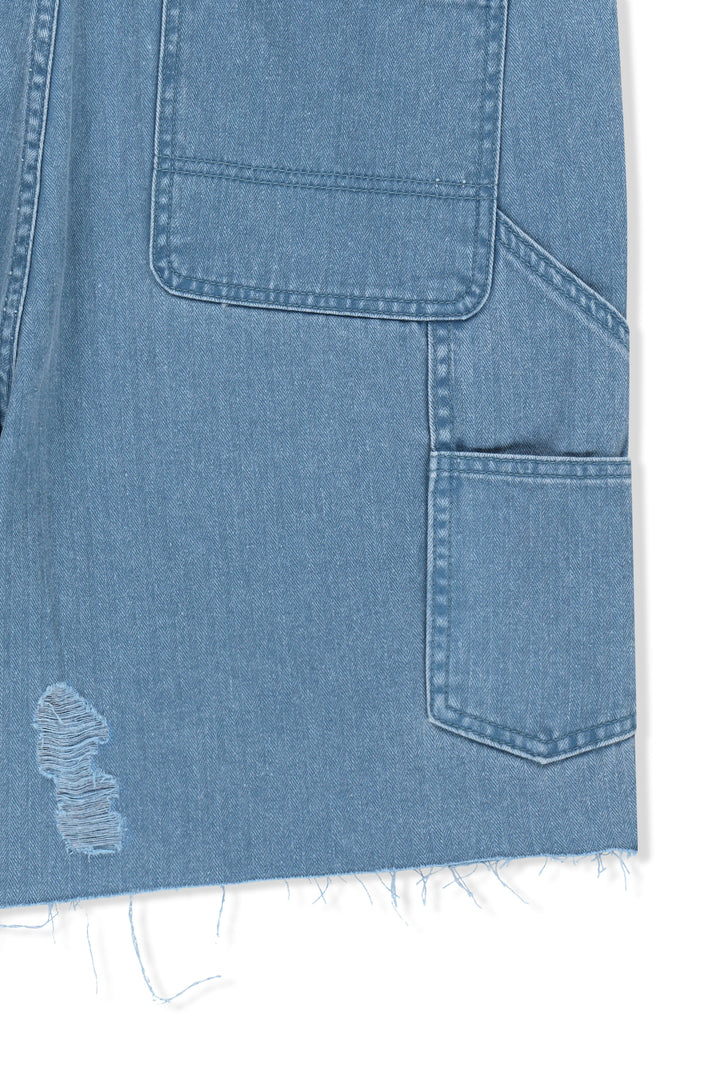 Matin Kim Herringbone Raw Cut Denim Shorts — Light Blue