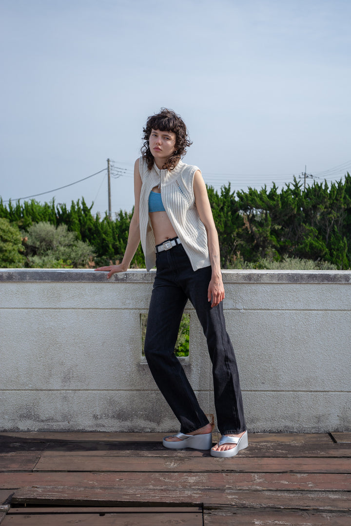 Matin Kim Back Logo High Neck Knit Vest — Beige