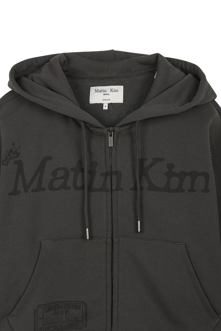 Matin Kim Graffiti Artwork Crop Hoody Zip Up — Charcoal