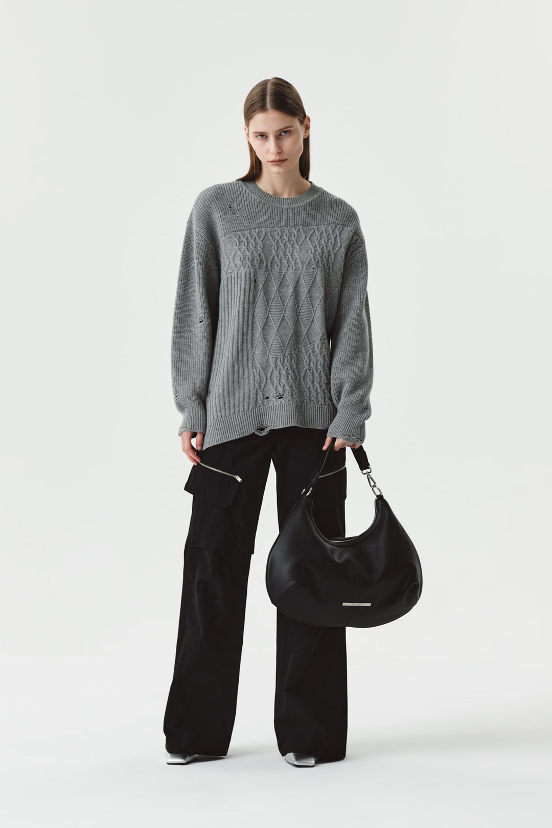 KIMMATIN Cable Mix Damage Knit Pullover — Gray