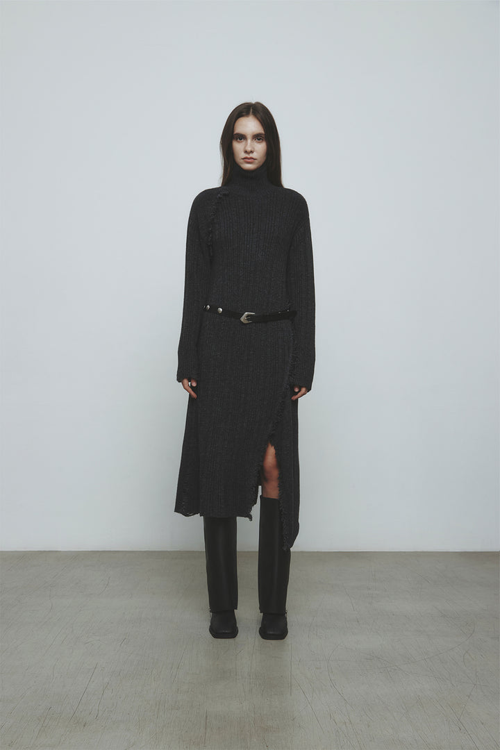 KIMMATIN Unbalance Fringe Knit Dress — Charcoal